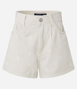 Short Cintura Alta em Sarja com Bordados de Margaridas