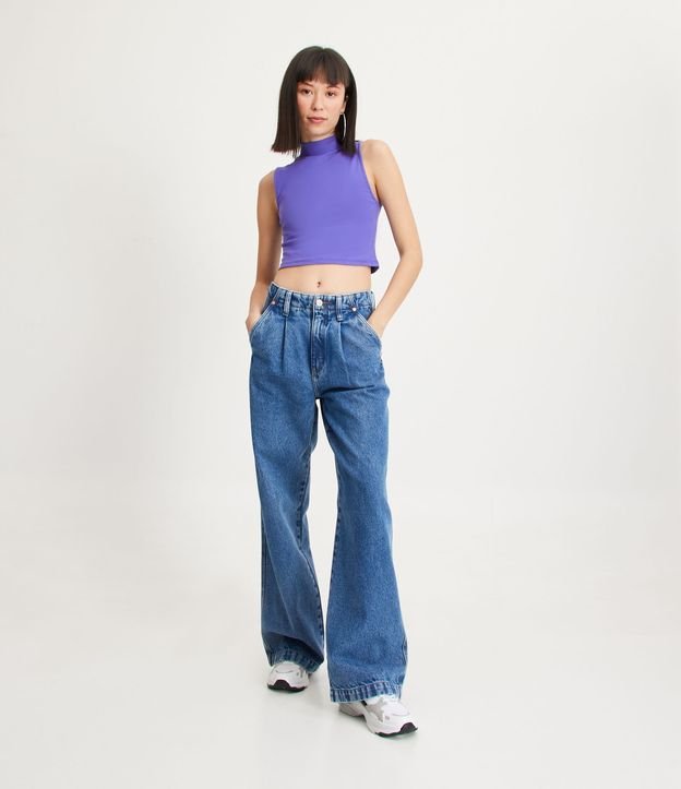 Pantalón Wide Leg Sastrería en Jeans con Bolsillos Solapa Azul 1