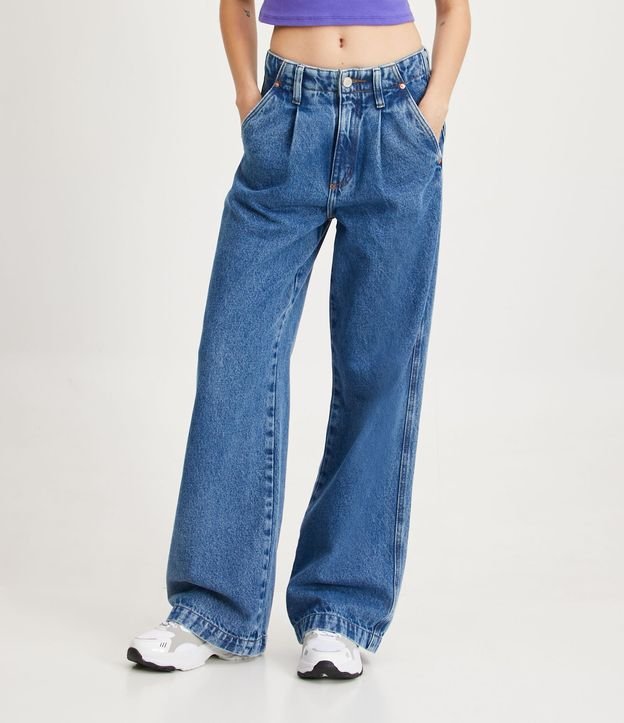 Pantalón Wide Leg Sastrería en Jeans con Bolsillos Solapa Azul 2