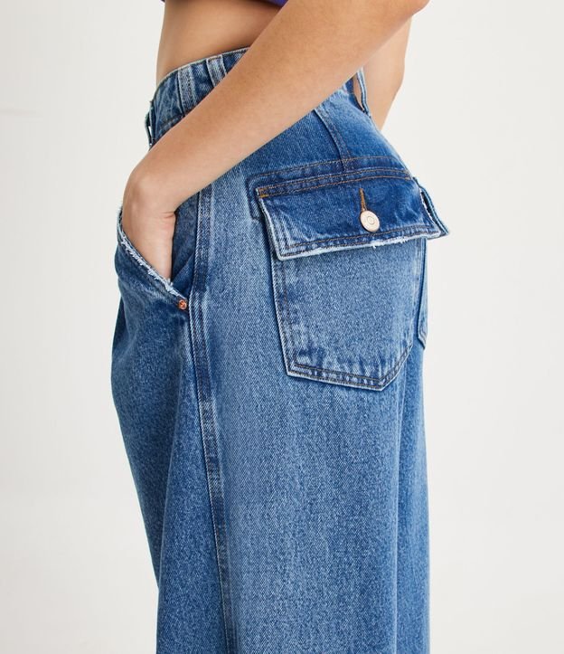 Pantalón Wide Leg Sastrería en Jeans con Bolsillos Solapa Azul 5