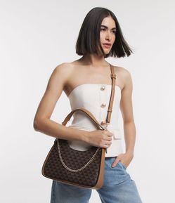 Bolsa Shoulder em PU com Estampa Triângulo e Detalhe de Corrente