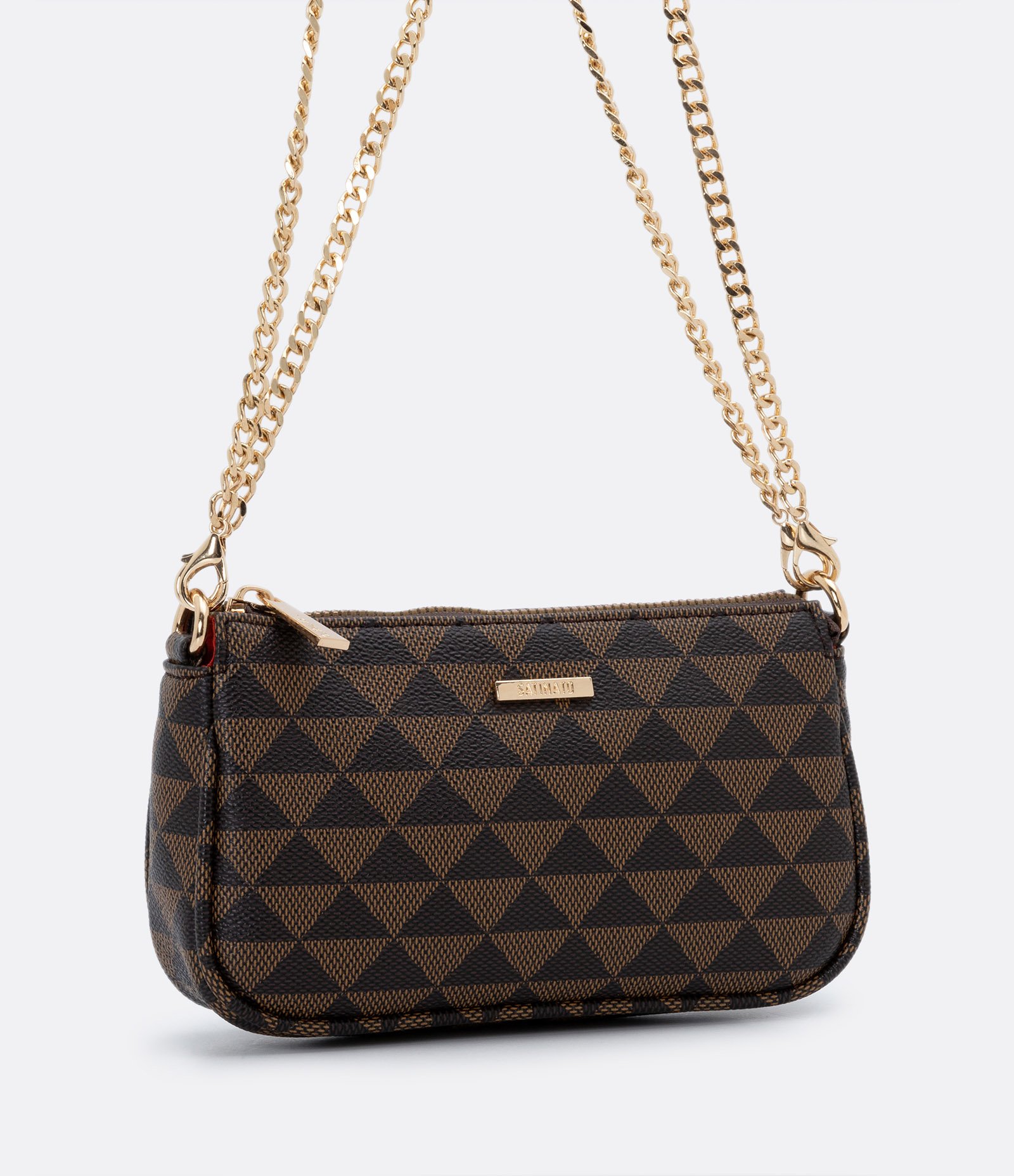 Bolsa Transversal em PU com Estampa Triângulo e Alças em Corrente Marrom 9
