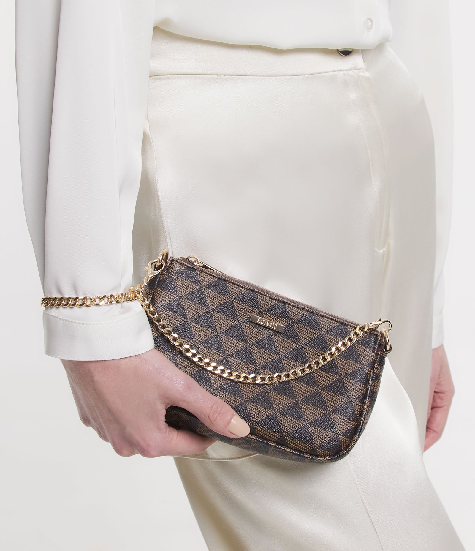 Bolsa Transversal em PU com Estampa Triângulo e Alças em Corrente Marrom 2