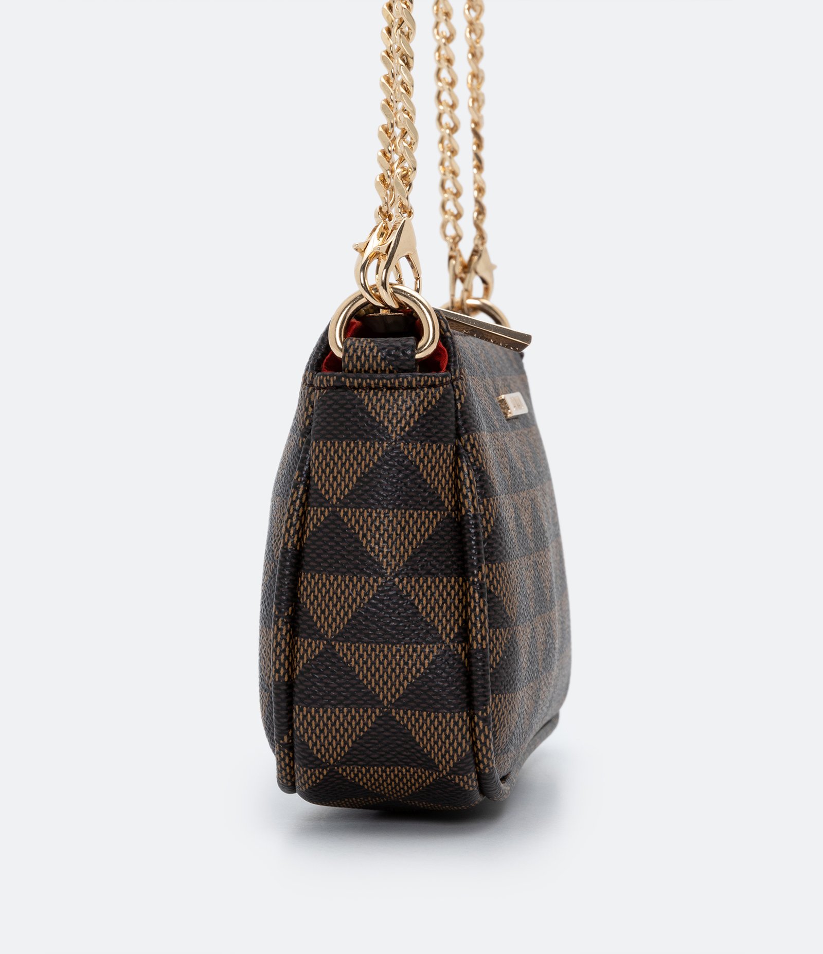 Bolsa Transversal em PU com Estampa Triângulo e Alças em Corrente Marrom 3