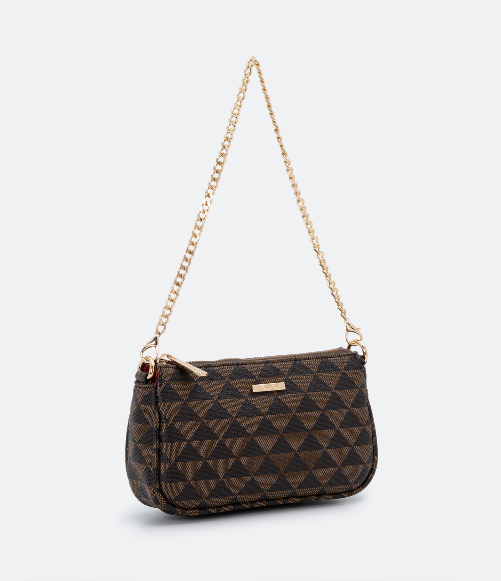 Bolsa Transversal em PU com Estampa Triângulo e Alças em Corrente Marrom 5