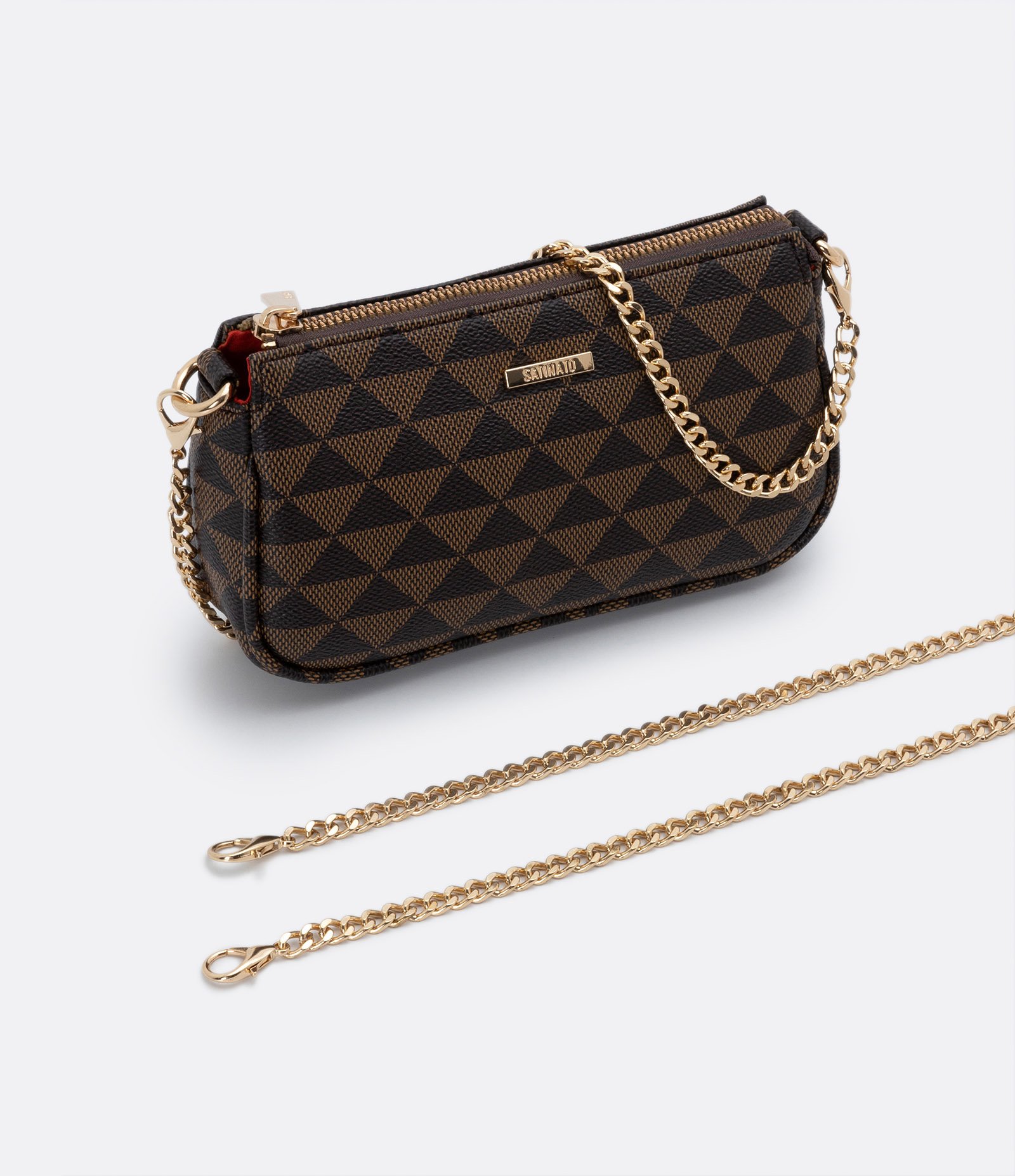 Bolsa Transversal em PU com Estampa Triângulo e Alças em Corrente Marrom 7