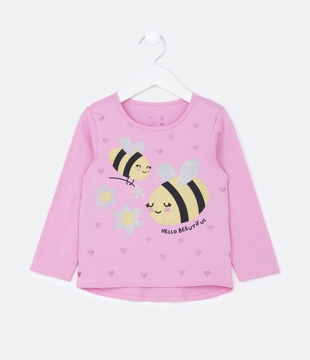 Camiseta Infantil com Fundo de Corações e Estampa de Abelhinhas - Tam 1 a 5 Anos