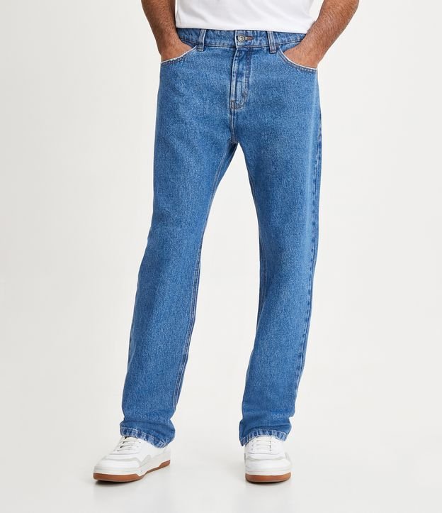Calça Reta Jeans com Bolsos Azul Médio 2