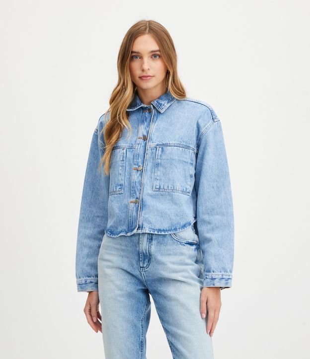 Camisa em Jeans com Bolsos Frontais e Mangas Espaçosas Azul 1