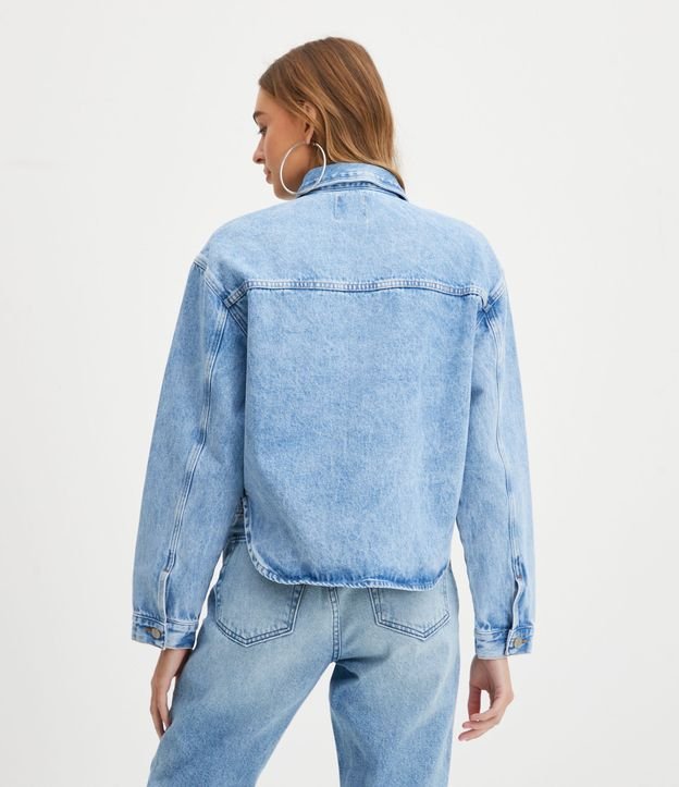 Camisa em Jeans com Bolsos Frontais e Mangas Espaçosas Azul 3