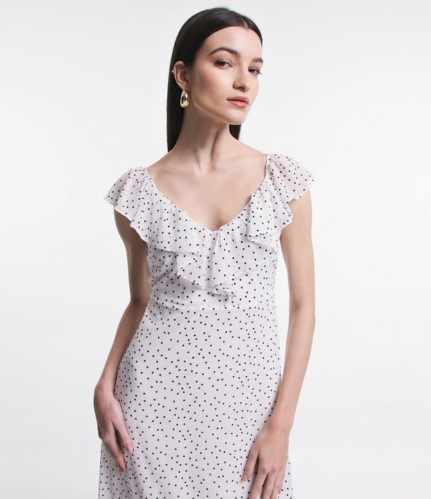 Vestido Longo Sem Manga em Chiffon com Babado na Cava e Poás Estampados Off White 2