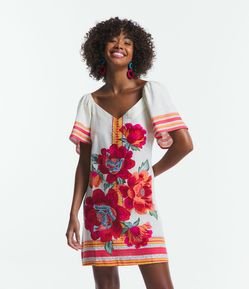 Vestido Curto em Linho com Manga Ampla e Estampado  Floral