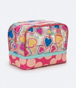 Necessaire Tijolão Bipartida com Estampa de Corações e Poá