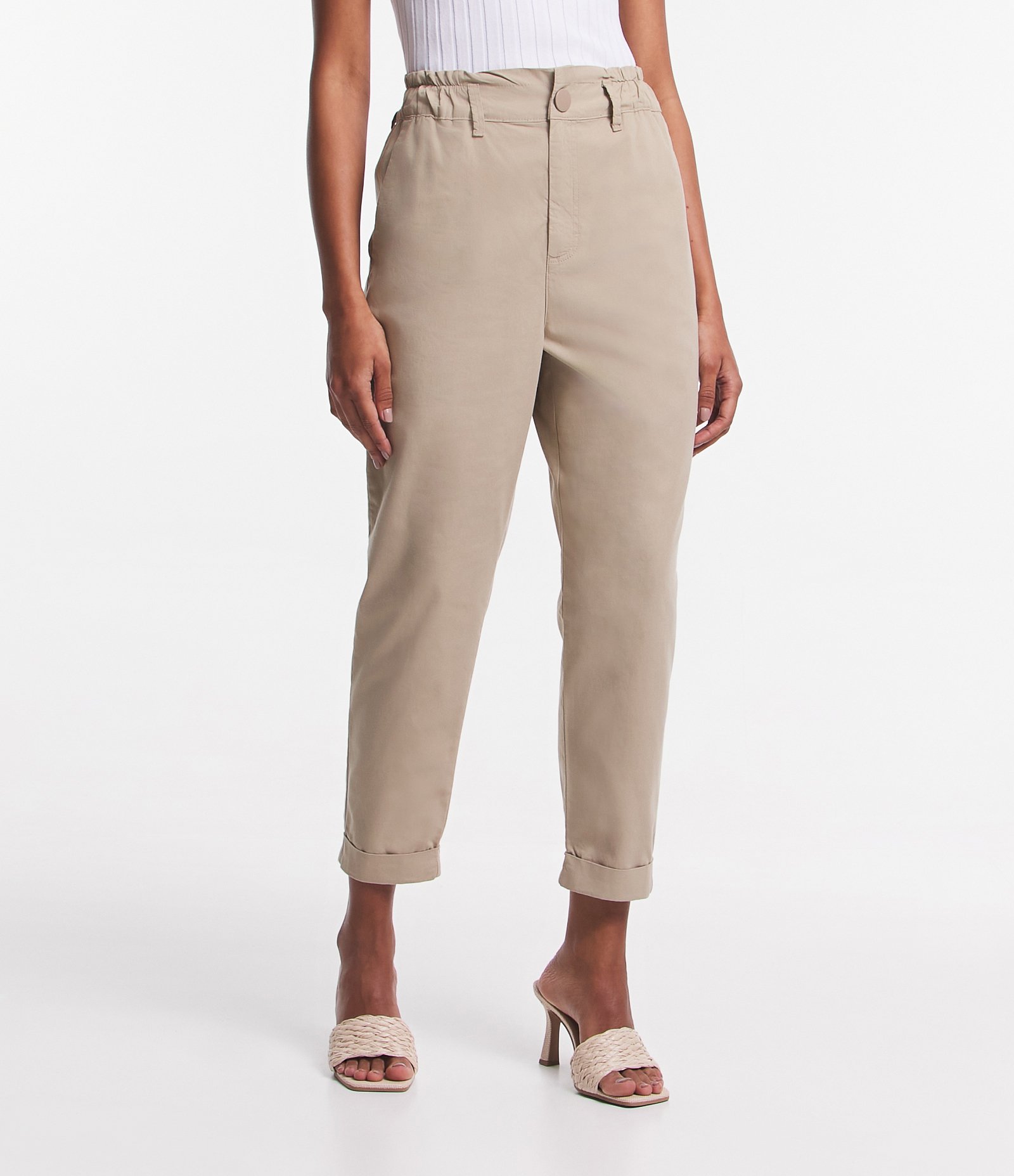 Calça Baggy em Sarja com Cós Largo e Botão Bege 1