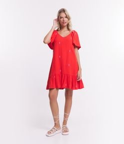 Vestido Curto com Bordado de Mini Abacaxi e Babado na Saia