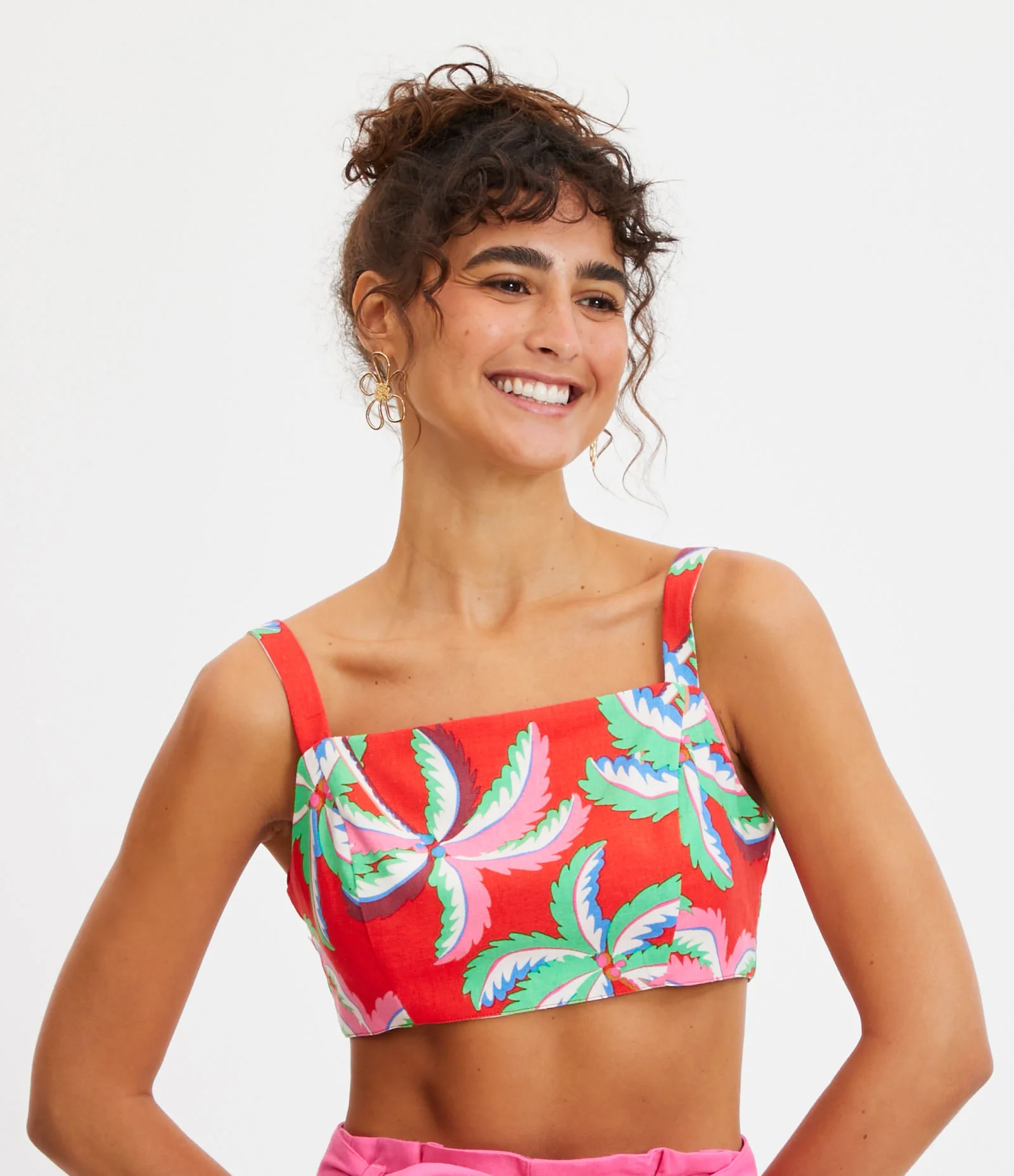 Blusa de Alça Cropped em Linho Dupla Face e com Amarração nas Costas Vermelho 1