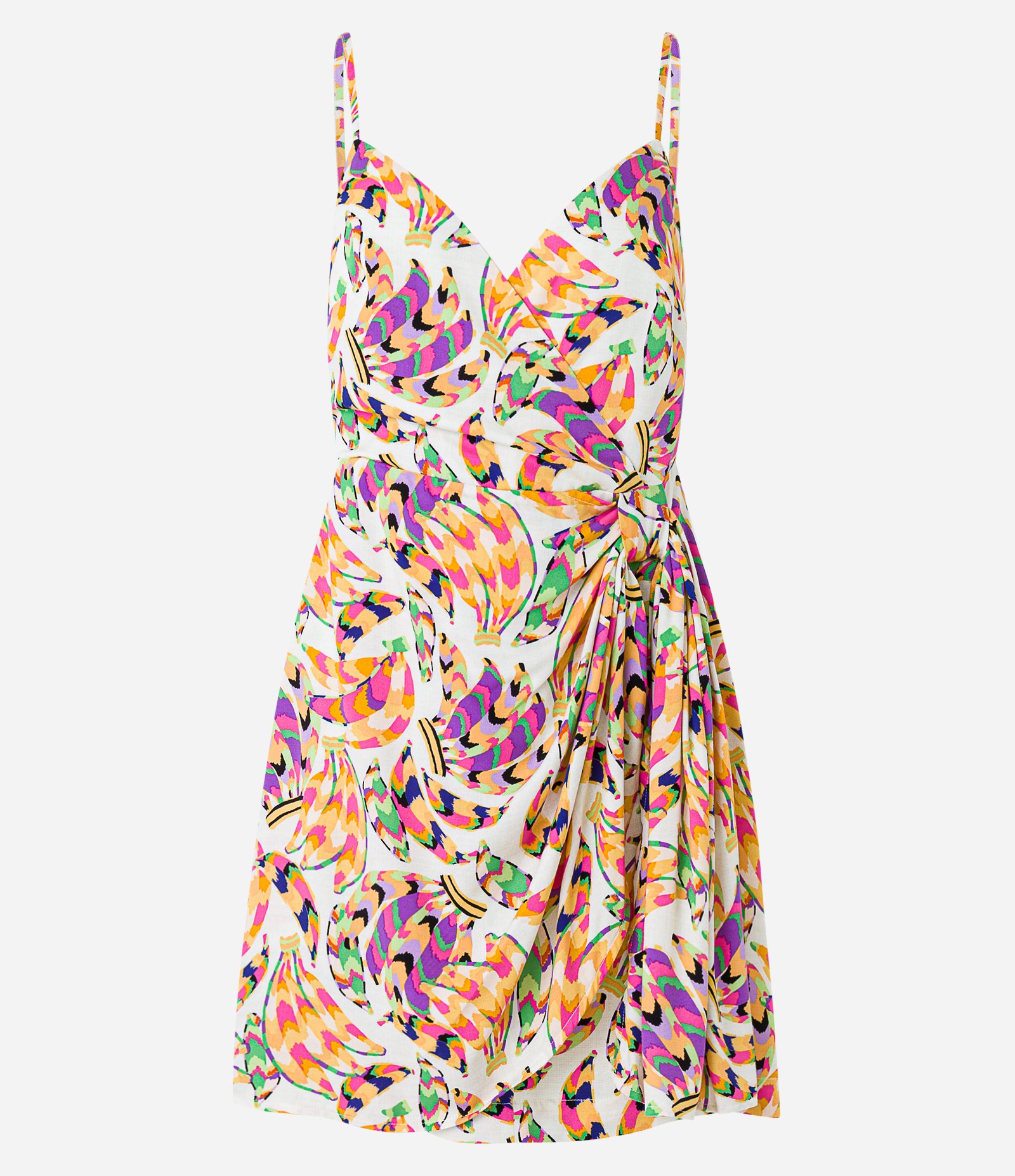 Vestido Curto em Viscose Transpassada com Estampa de Bananas Multicores 1