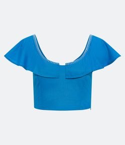 Blusa Cropped em Linho com Babados e Pesponto Contrastante