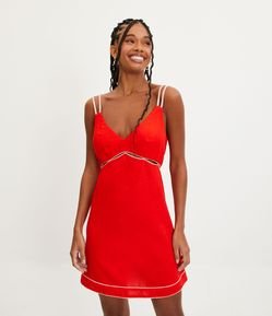 Vestido Curto de Alça Dupla em Linho com Costura Aparente