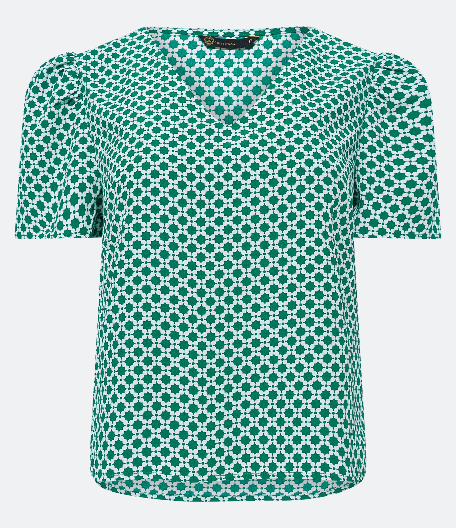 Blusa Manga Curta em Crepe com Estampa Floral Grid Verde 1