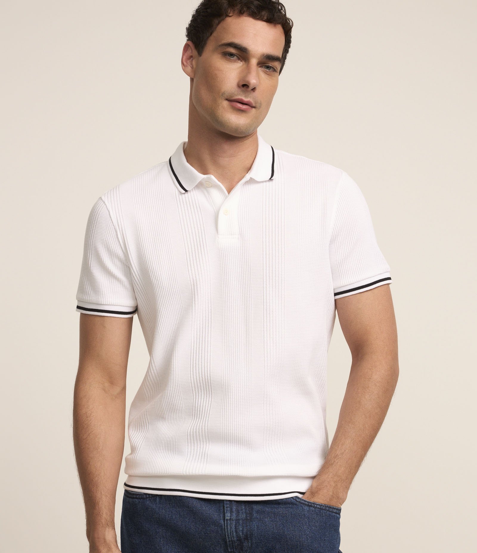 Camisa Polo Regular com Textura de Listras e Frisos Contrastantes Branco 1