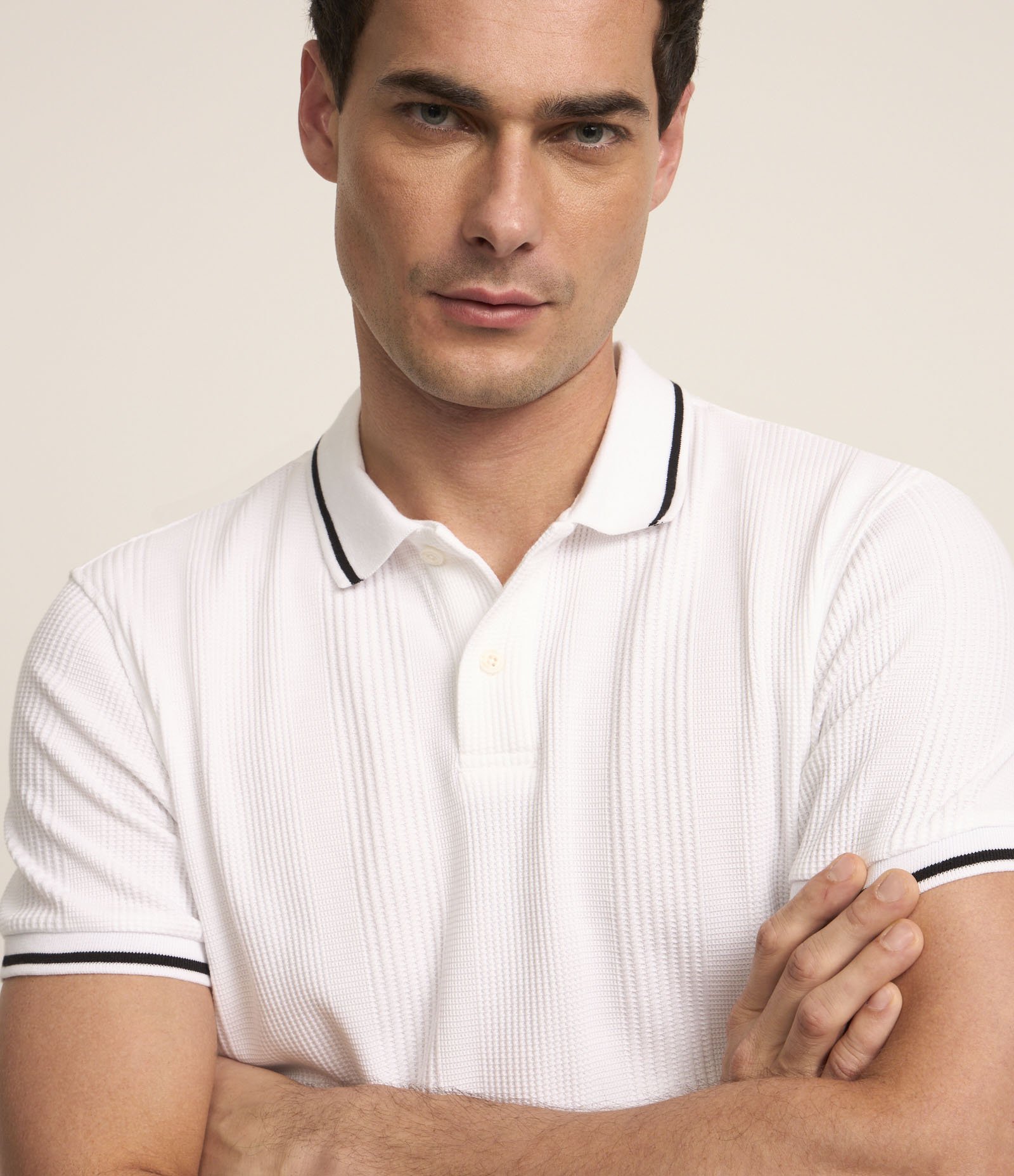 Camisa Polo Regular com Textura de Listras e Frisos Contrastantes Branco 3