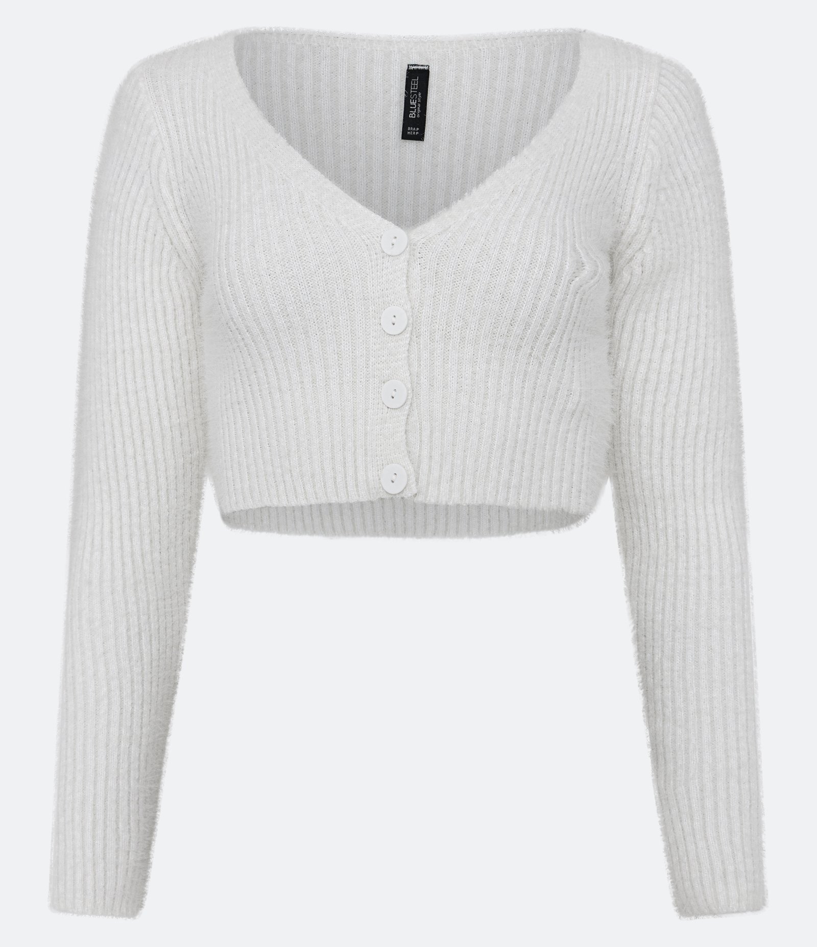 Cardigan Cropped em Tricô Canelado com Manga Longa Off White 5