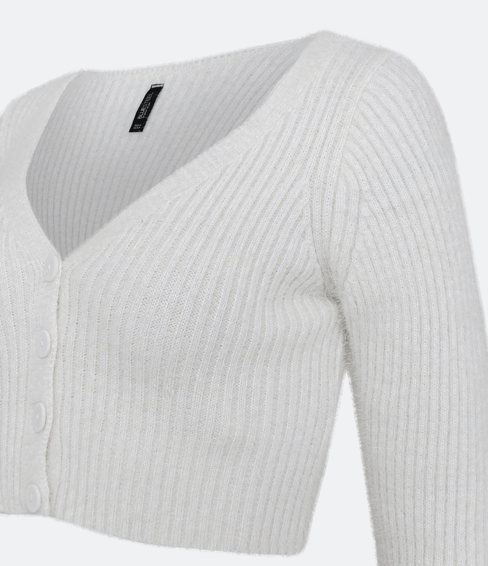 Cardigan Cropped em Tricô Canelado com Manga Longa Off White 6
