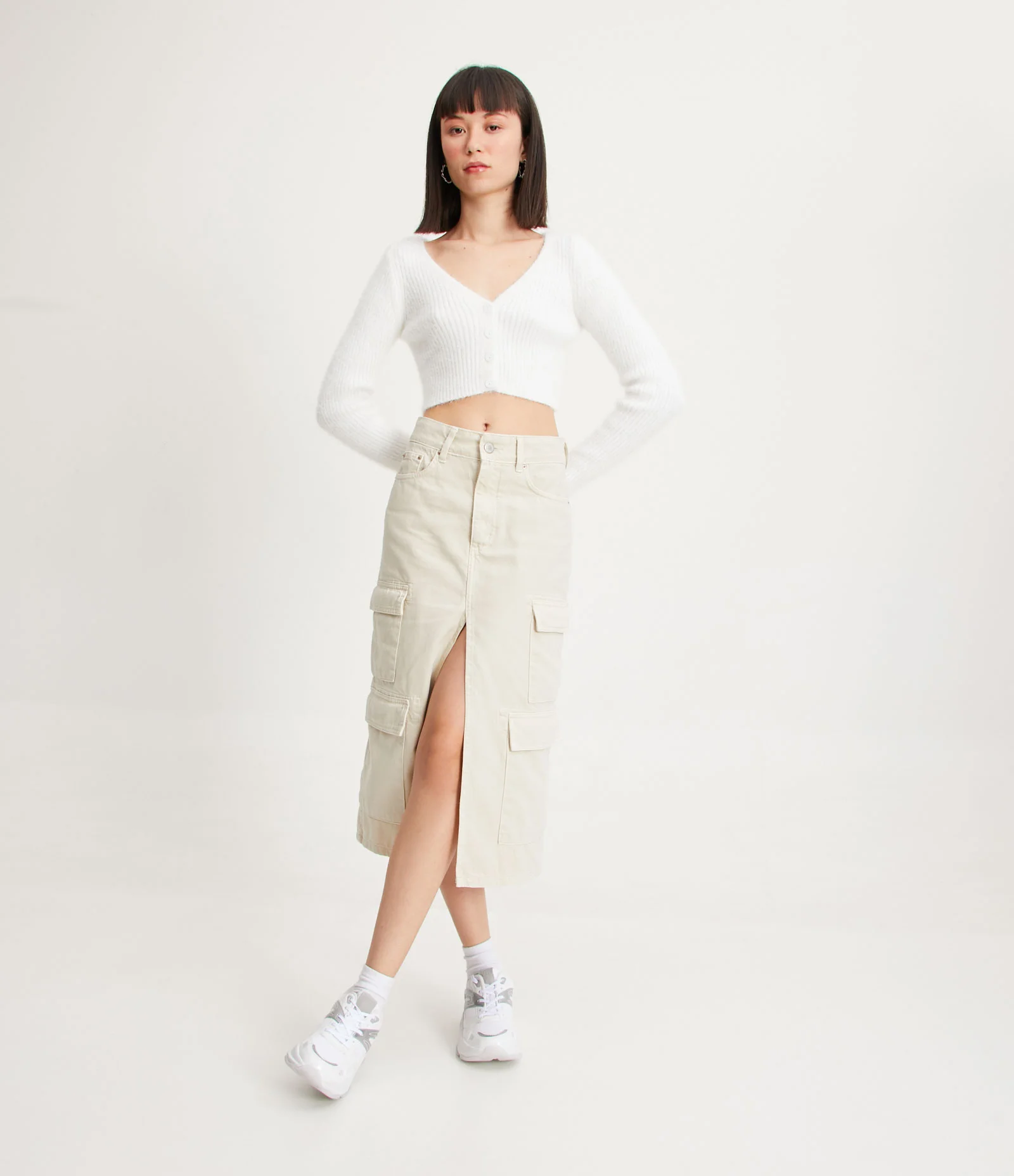Cardigan Cropped em Tricô Canelado com Manga Longa Off White 2