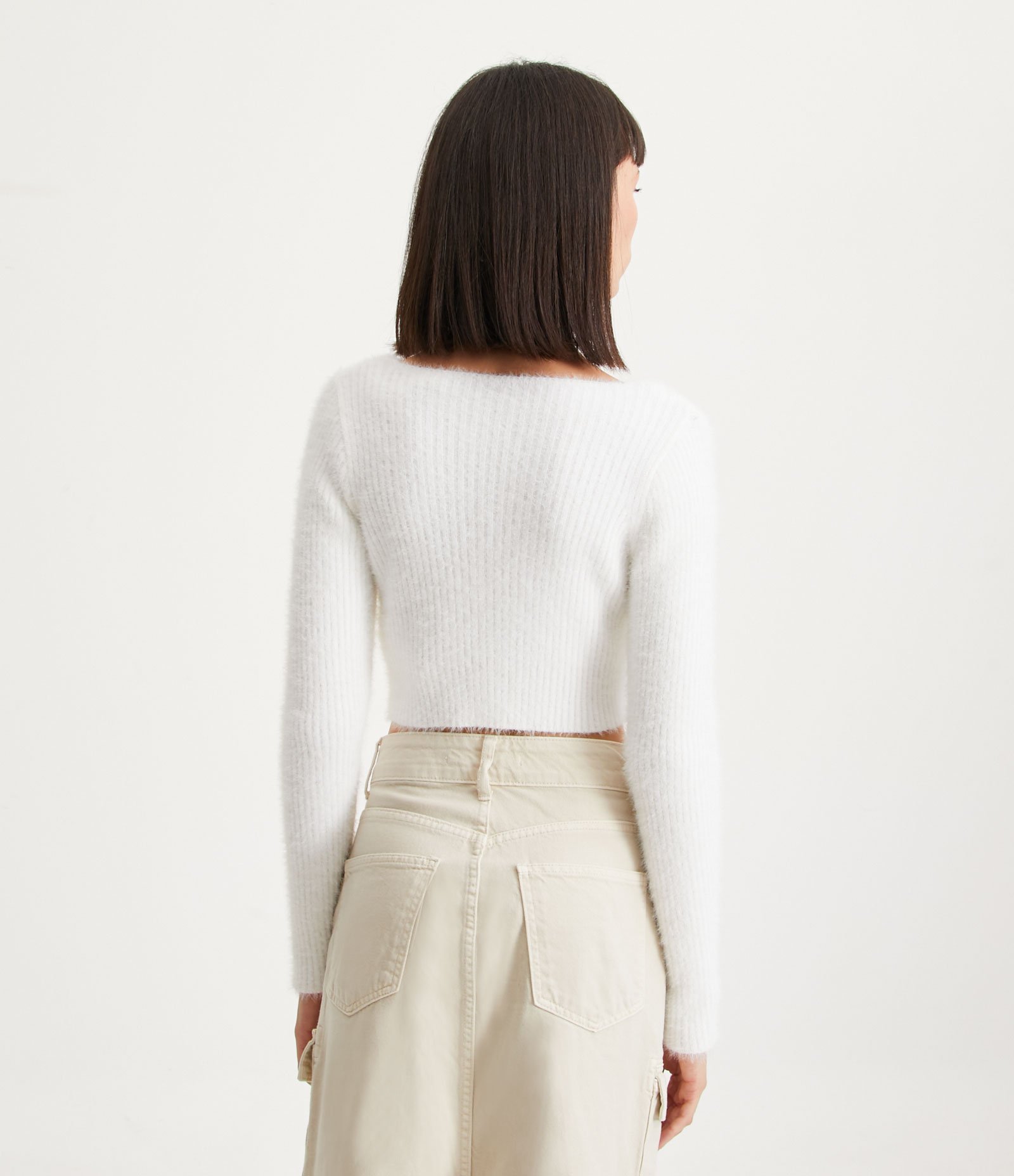 Cardigan Cropped em Tricô Canelado com Manga Longa Off White 3