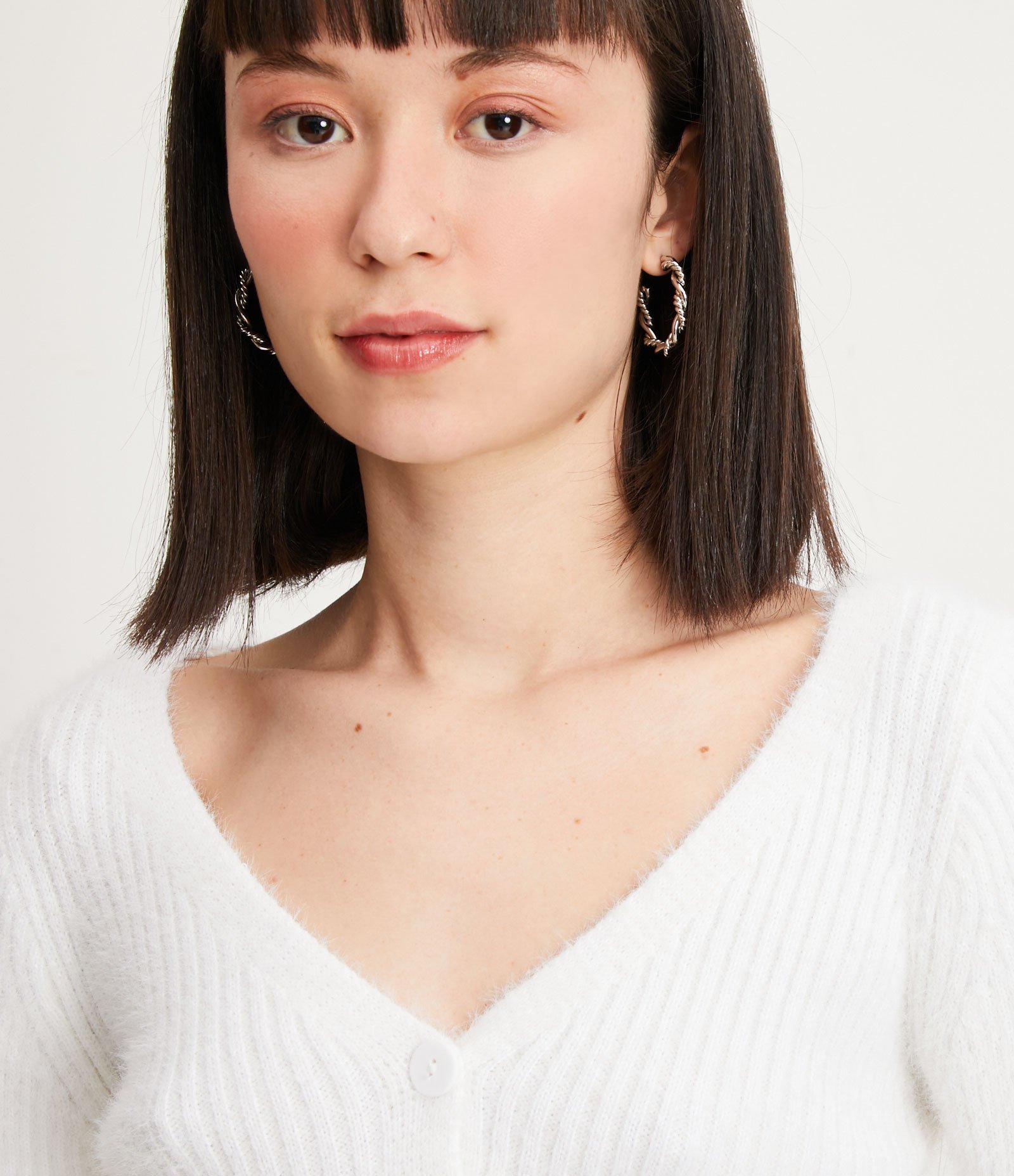 Cardigan Cropped em Tricô Canelado com Manga Longa Off White 4