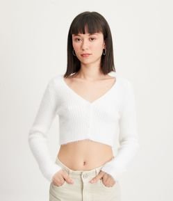Cardigan Cropped em Tricô Canelado com Manga Longa