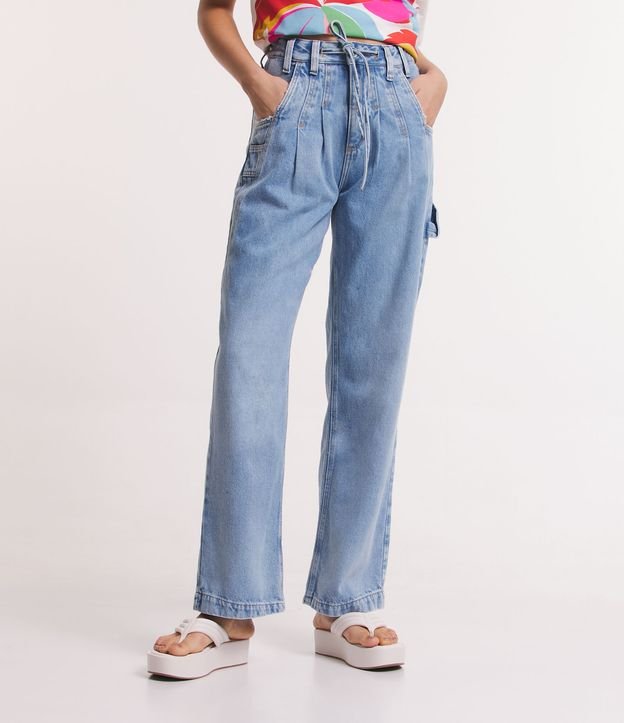 Calça Anos 90 Jeans com Cordão e Recortes Azul 2