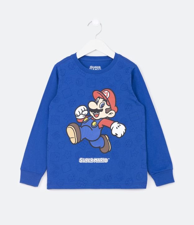 Camiseta Infantil com Estampa Super Mário Nintendo - Tam 3 a 10 Anos Azul 1