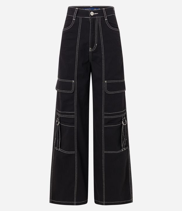 Calça Wide Leg em Sarja com Fivelas e Costura Destacada Preto 6