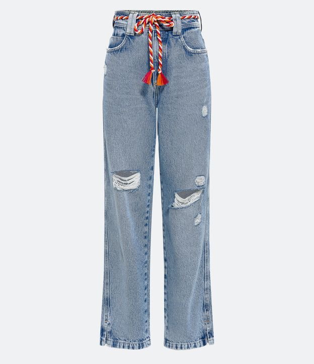 Calça Reta em Jeans com Abertura na Barra e Cinto de Cordão Azul 6