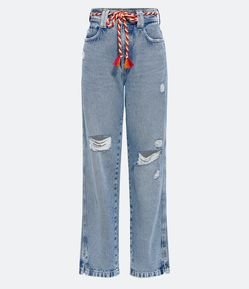 Calça Reta em Jeans com Abertura na Barra e Cinto de Cordão