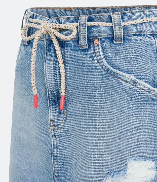 Saia Curta em Jeans com Cinto de Cordão e Puídos Azul 6