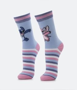 Meia Cano Alto em Algodão com Estampa Stitch e Angel