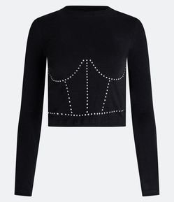 Blusa Cropped em Meia Malha com Corset de Brilhos Aplicados