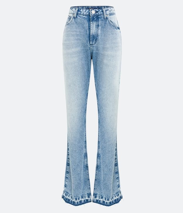 Calça Bootcut Jeans com Barra Desfiada e Fenda Azul 6