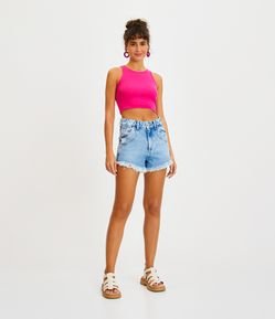 Short Cintura Alta em Jeans com Recorte de Onda