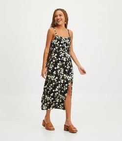 Vestido Midi de Alça em Viscose com Franzidos e Estampa Floral