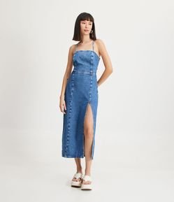Vestido Midi de Alça em Jeans com Fenda na Perna