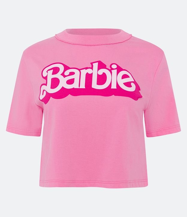 Camiseta Cropped em Meia Malha com Estampa Barbie Rosa 5