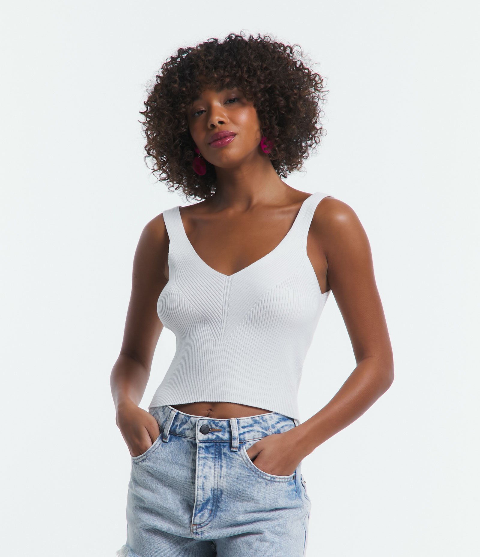 Blusa Cropped de Alça em Tricô Canelado com Costas Decotadas Off White 1