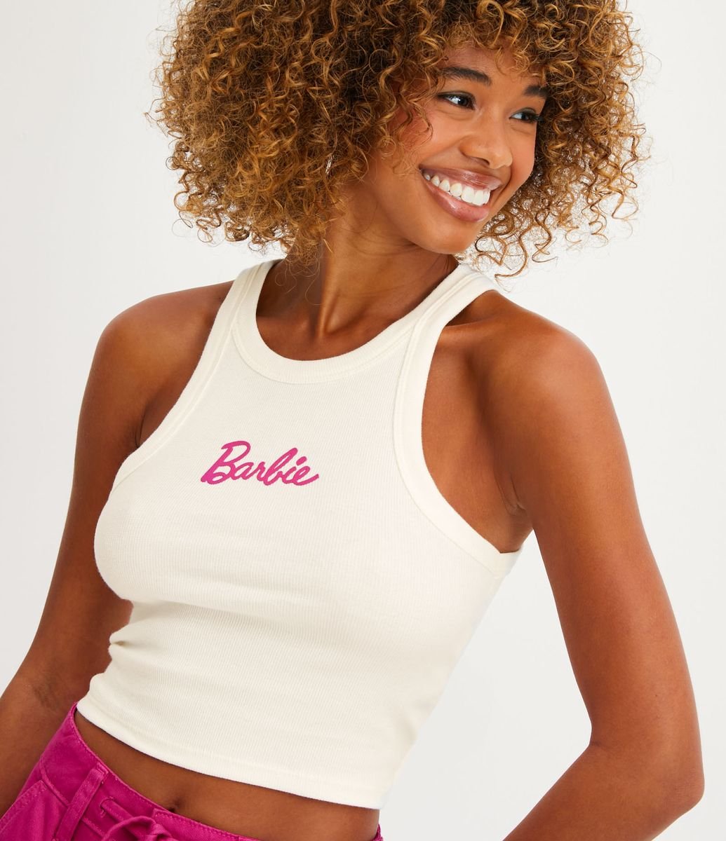 Blusa Regata em Ribana com Lettering Barbie Off White