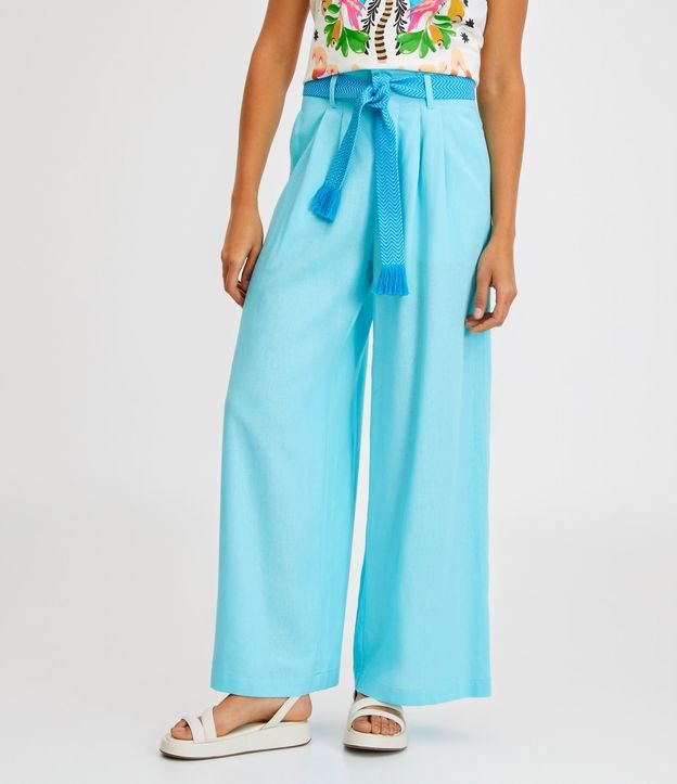 Calça Pantalona em Linho com Cinto Bordado Azul 2