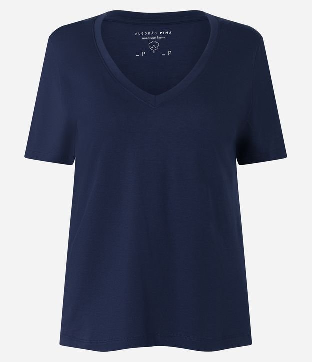 Camiseta Básica em Algodão com Decote V Azul Marinho 6