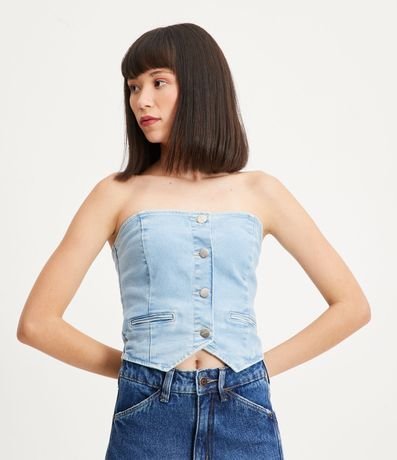 Blusa Cropped em Jeans com Decote Tomara que Caia Menor preço em Blusa Cropped em Jeans com Decote Tomara que Caia